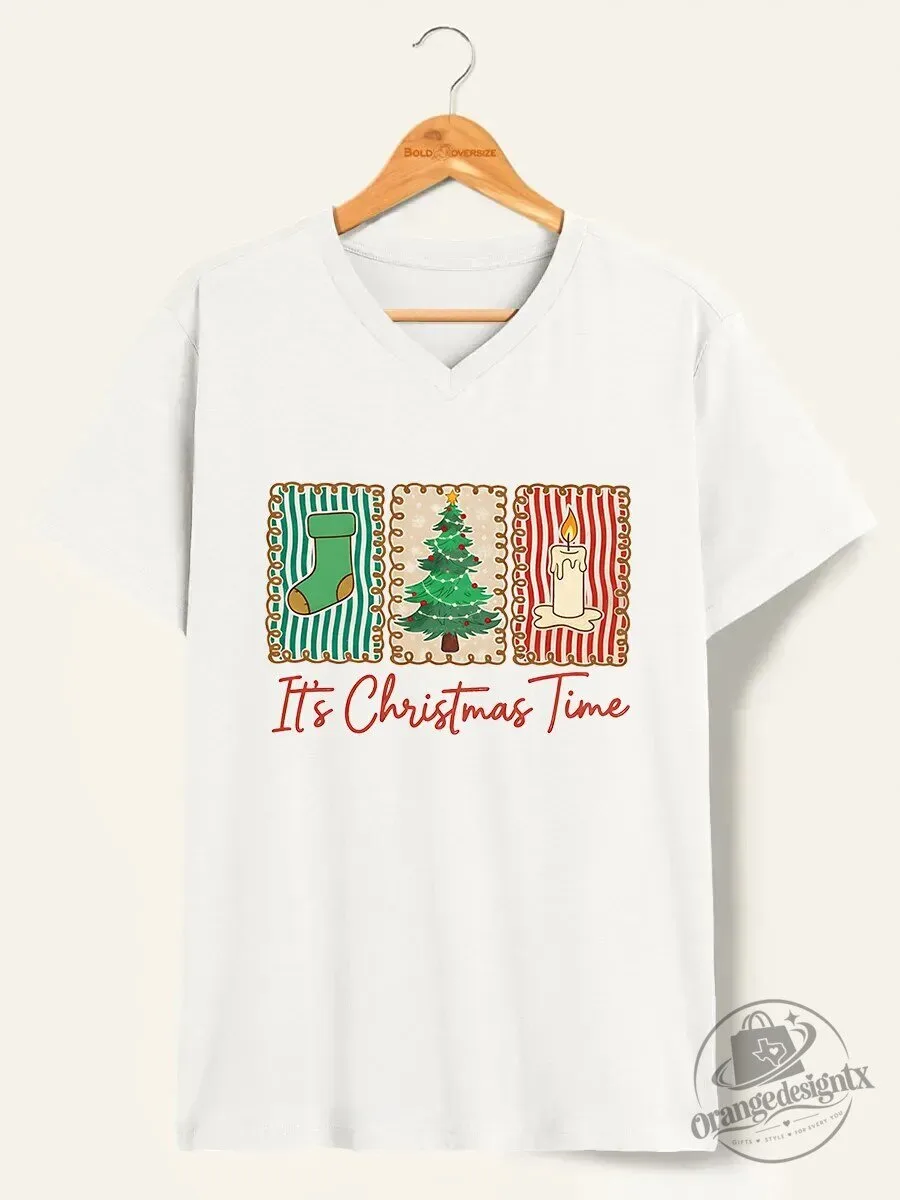 Vintage Christmas Time Holiday Season V-Neck Short Sleeve T-Shirt