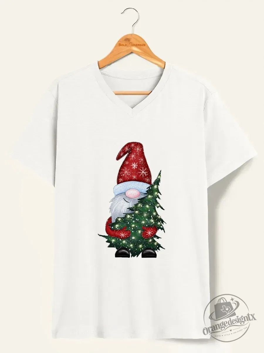 Vintage Christmas Gnome Holding Tree V-Neck T-Shirt
